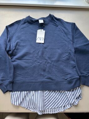 Zara Girl’s Navy Crewneck with Striped Shirttail